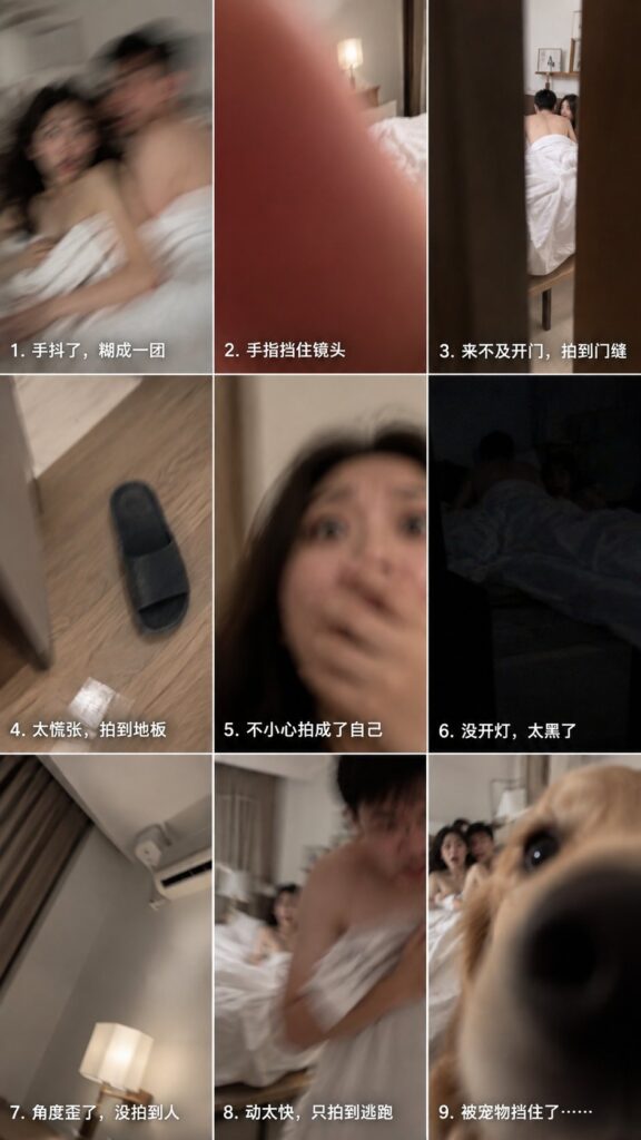 Caught In Bed Failed Photos Grid Composition | 抓奸在床拍摄失败九宫格竖式构图 5 Nanobanana Pro 生成 抓奸在床拍摄失败九宫格竖式构图 - AI绘画提示词