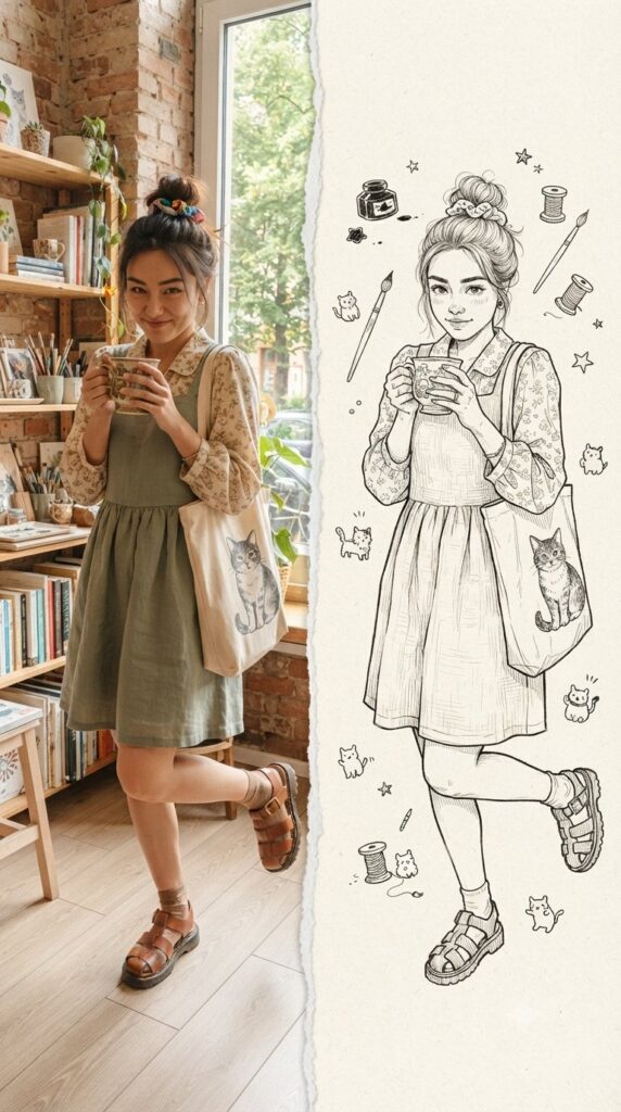 Split Panel Torn Paper Photo Vs Illustration | 撕纸效果写实人像与线稿插画对比 6 Nanobanana Pro 生成 撕纸效果写实人像与线稿插画对比 - AI绘画提示词