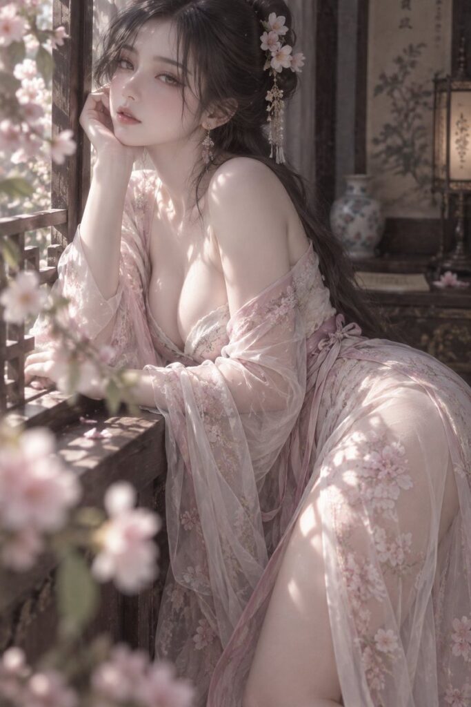 Gossamer Clothing Hourglass Figure Leaning By Window | 纱衣薄衫沙漏体态倚窗托腮花影 6 Nanobanana Pro 生成 纱衣薄衫沙漏体态倚窗托腮花影 - AI绘画提示词
