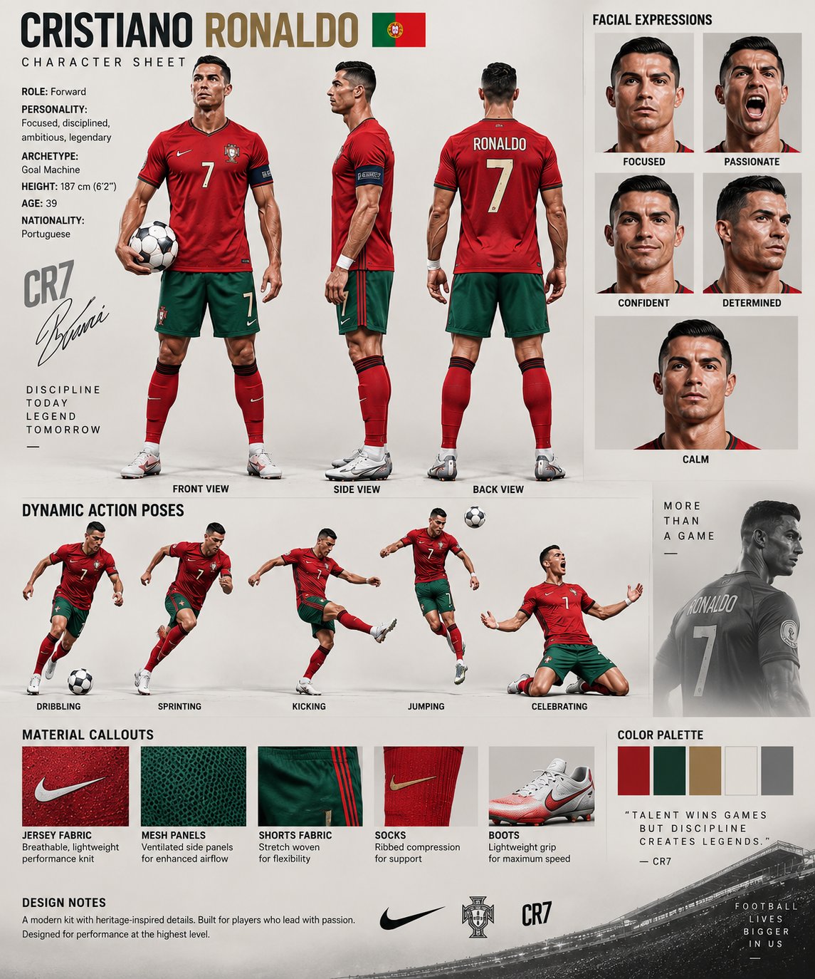 Cristiano Ronaldo Professional Character Sheet | C罗超写实足球角色全方位设定集 2 Nanobanana Pro 生成 C罗超写实足球角色全方位设定集 - AI绘画提示词