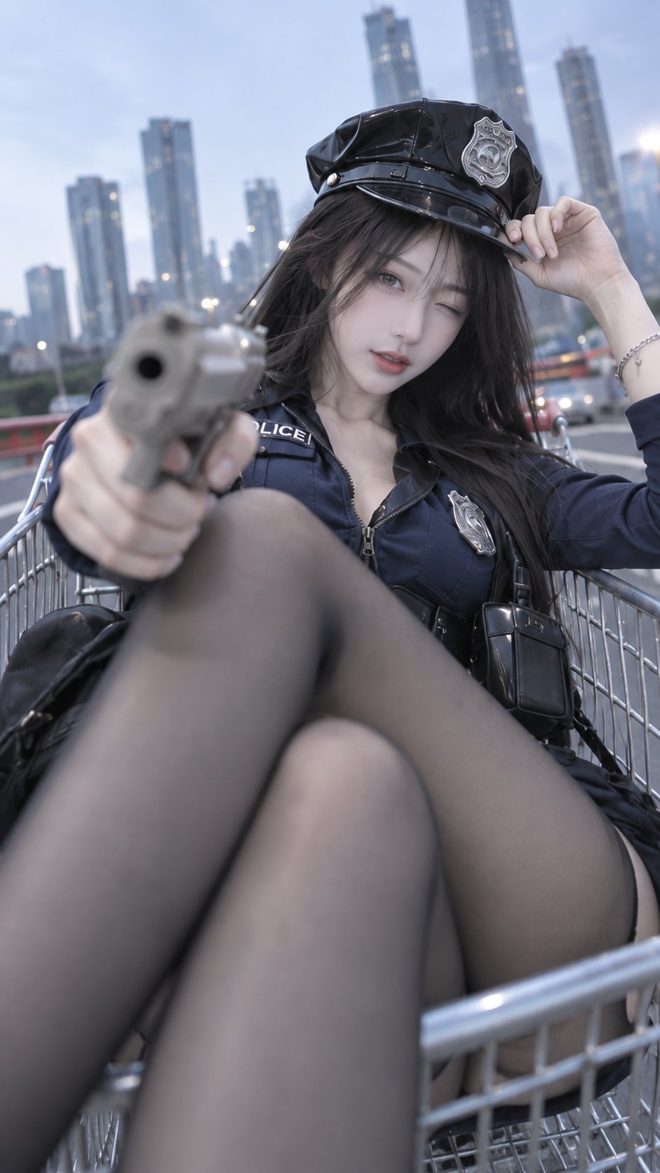 Nanobanana Pro 生成 冷调城市写真购物车制服少女摄影 - AI绘画提示词