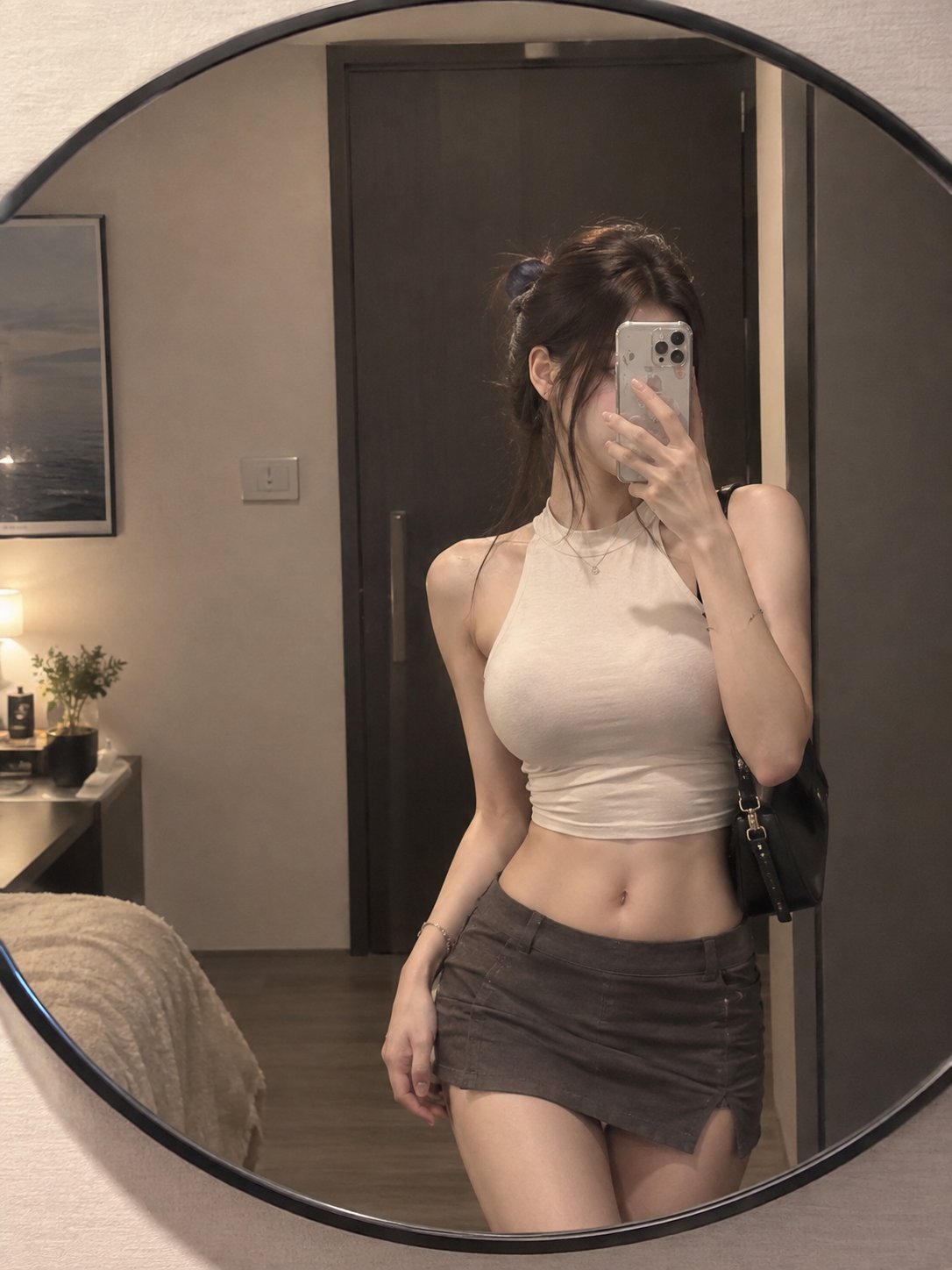 Cinematic Vertical Mirror Selfie Young Woman | 室内圆形墙镜前年轻女性自拍人像 2 Nanobanana Pro 生成 室内圆形墙镜前年轻女性自拍人像 - AI绘画提示词