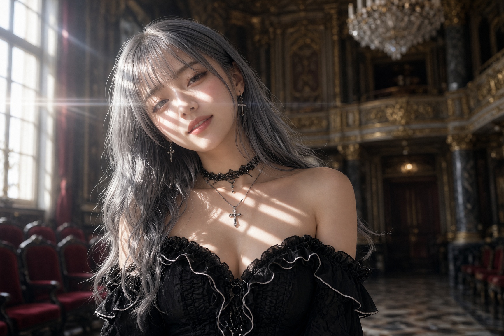 Seductive Japanese Woman Opera House Gothic Dress | 华丽歌剧院中的银发哥特风美女 2 Nanobanana Pro 生成 华丽歌剧院中的银发哥特风美女 - AI绘画提示词