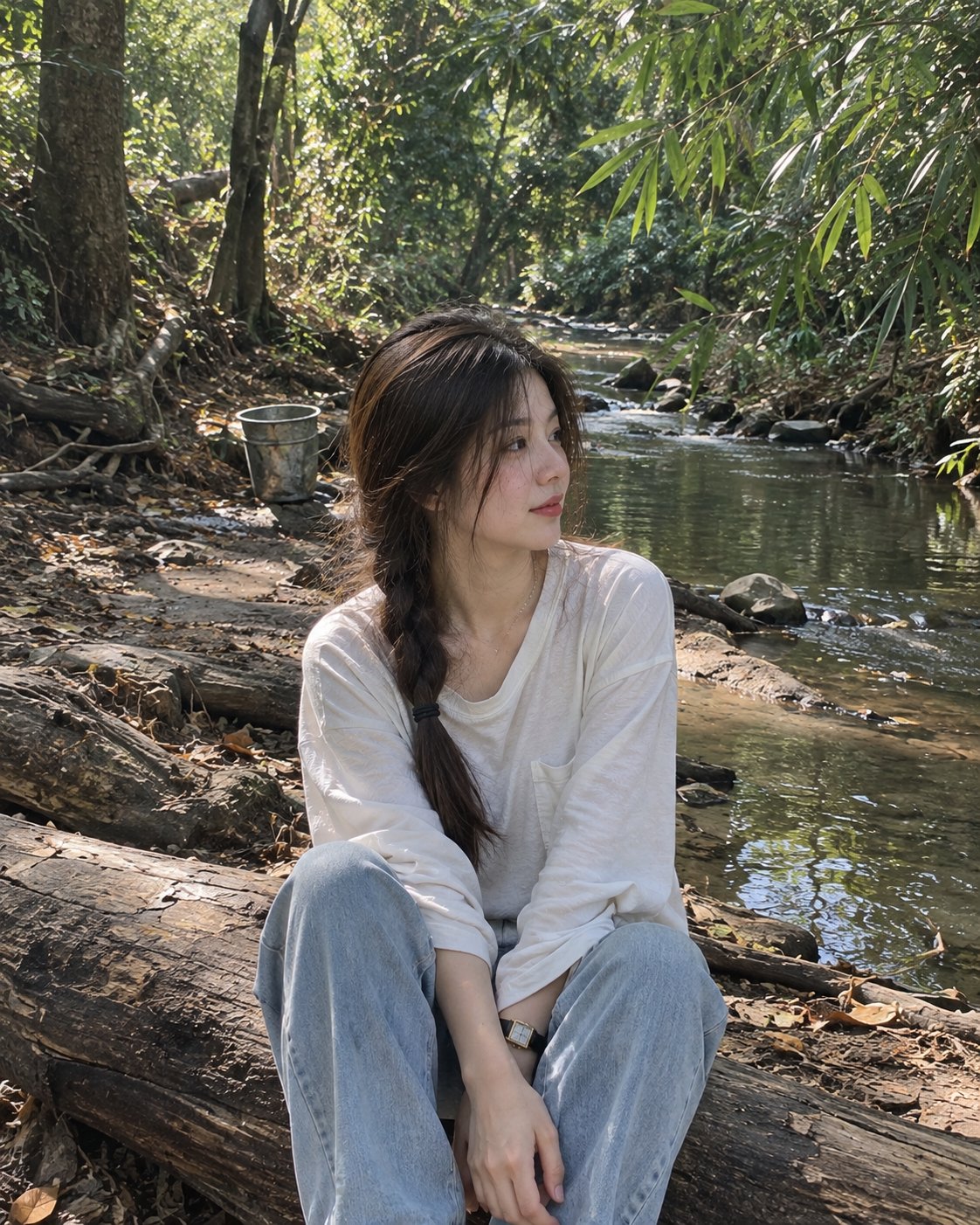 Photorealistic Portrait Young Woman Forest Stream | 森林溪边独坐的年轻女性写实人像 2 Nanobanana Pro 生成 森林溪边独坐的年轻女性写实人像 - AI绘画提示词