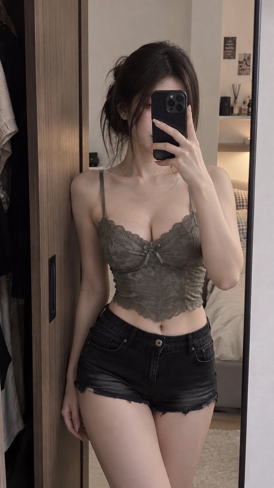 Realistic Mirror Selfie Olive Lace Top Leather Shorts | 卧室镜前自拍的橄榄绿蕾丝上衣少女 2 Nanobanana Pro 生成 卧室镜前自拍的橄榄绿蕾丝上衣少女 - AI绘画提示词