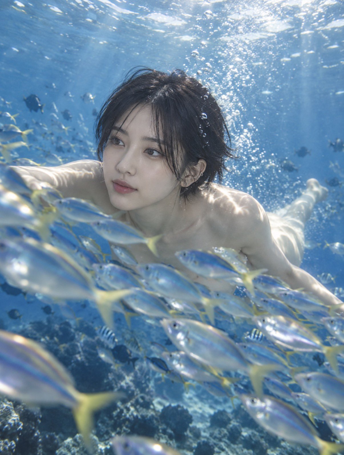 Underwater Swimming Fish School Composition | 海中游泳鱼群遮挡斜前方构图 2 Nanobanana Pro 生成 海中游泳鱼群遮挡斜前方构图 - AI绘画提示词