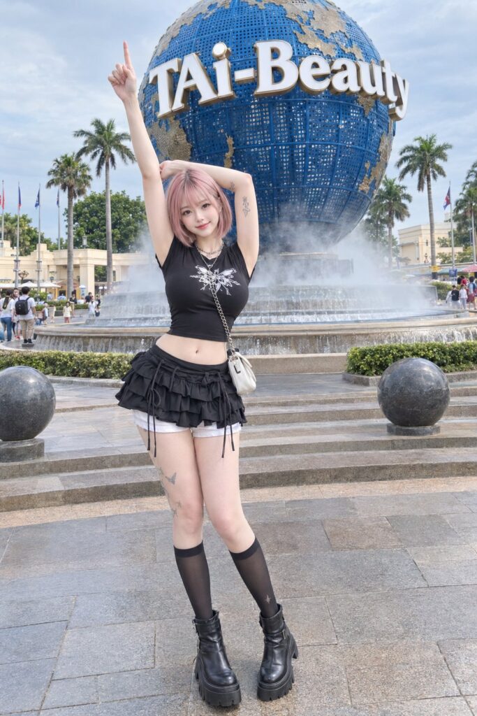 Pink Short Hair Girl Theme Park Full Body Travel Photography | 粉色短发少女主题乐园全身街拍 6 Nanobanana Pro 生成 粉色短发少女主题乐园全身街拍 - AI绘画提示词
