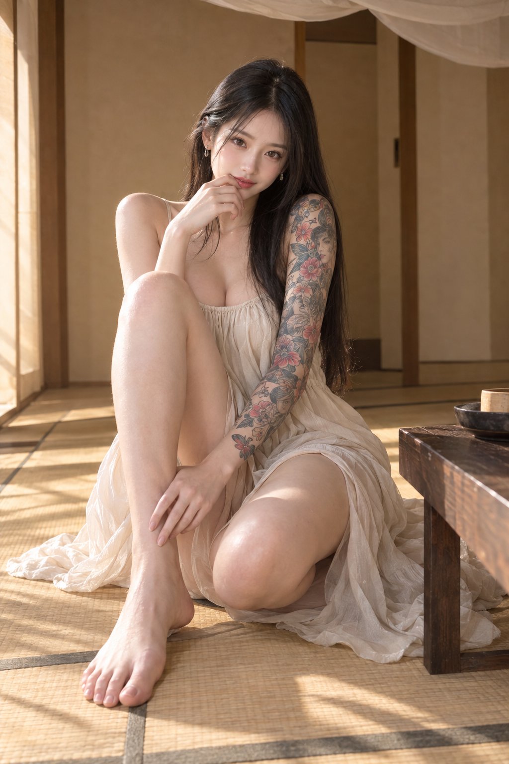 Nanobanana Pro 生成 纹身女性在日式榻榻米室内的人像摄影 - AI绘画提示词