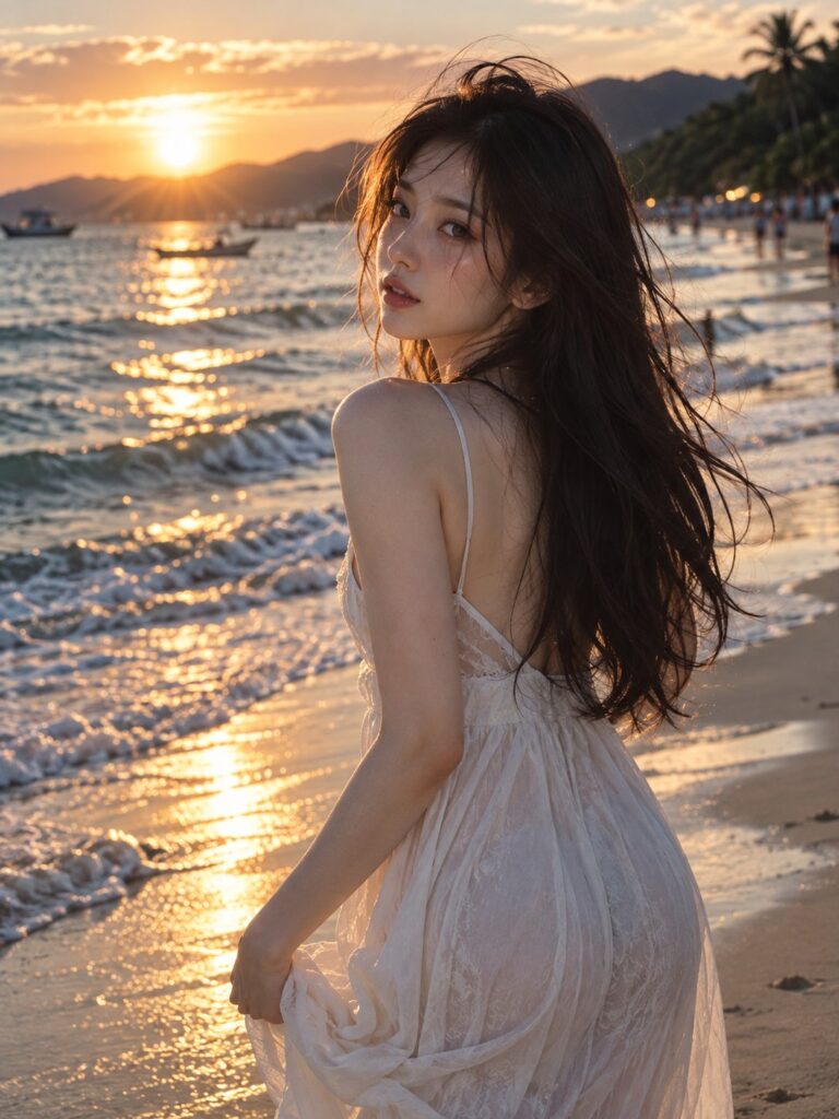 Young Asian Woman Beach Sunset Candid Snapshot | 海边夕阳回眸亚洲女性写实人像 3 Nanobanana Pro 生成 海边夕阳回眸亚洲女性写实人像 - AI绘画提示词