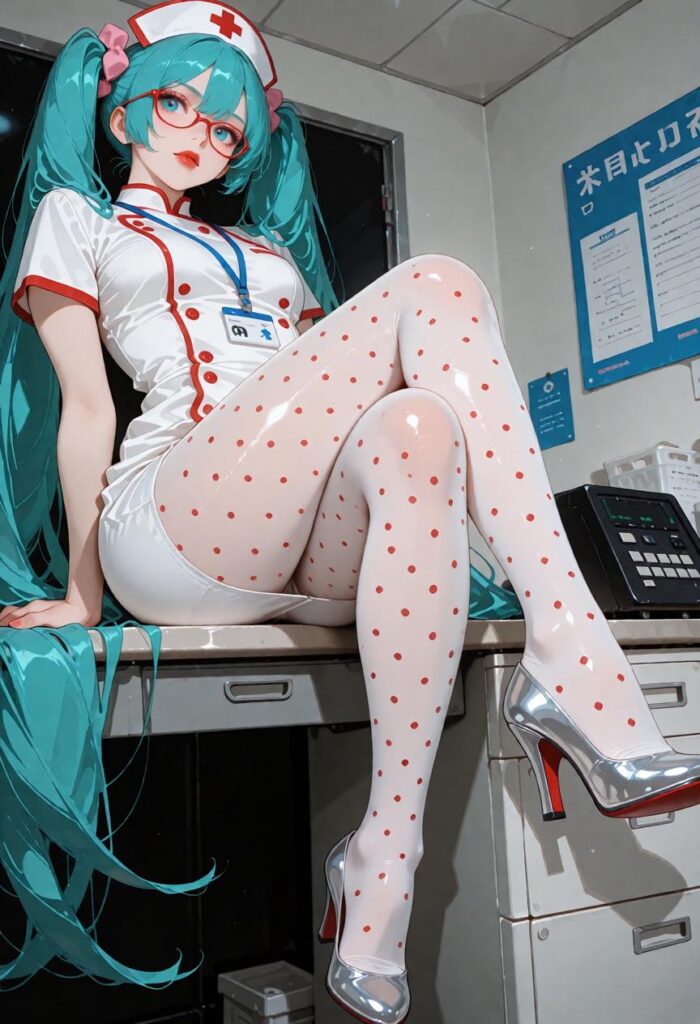 Teal Hair Twin Tail Nurse Anime Girl Clinic | 蓝绿发双马尾眼镜护士诊室坐姿插画 3 Nanobanana Pro 生成 蓝绿发双马尾眼镜护士诊室坐姿插画 - AI绘画提示词