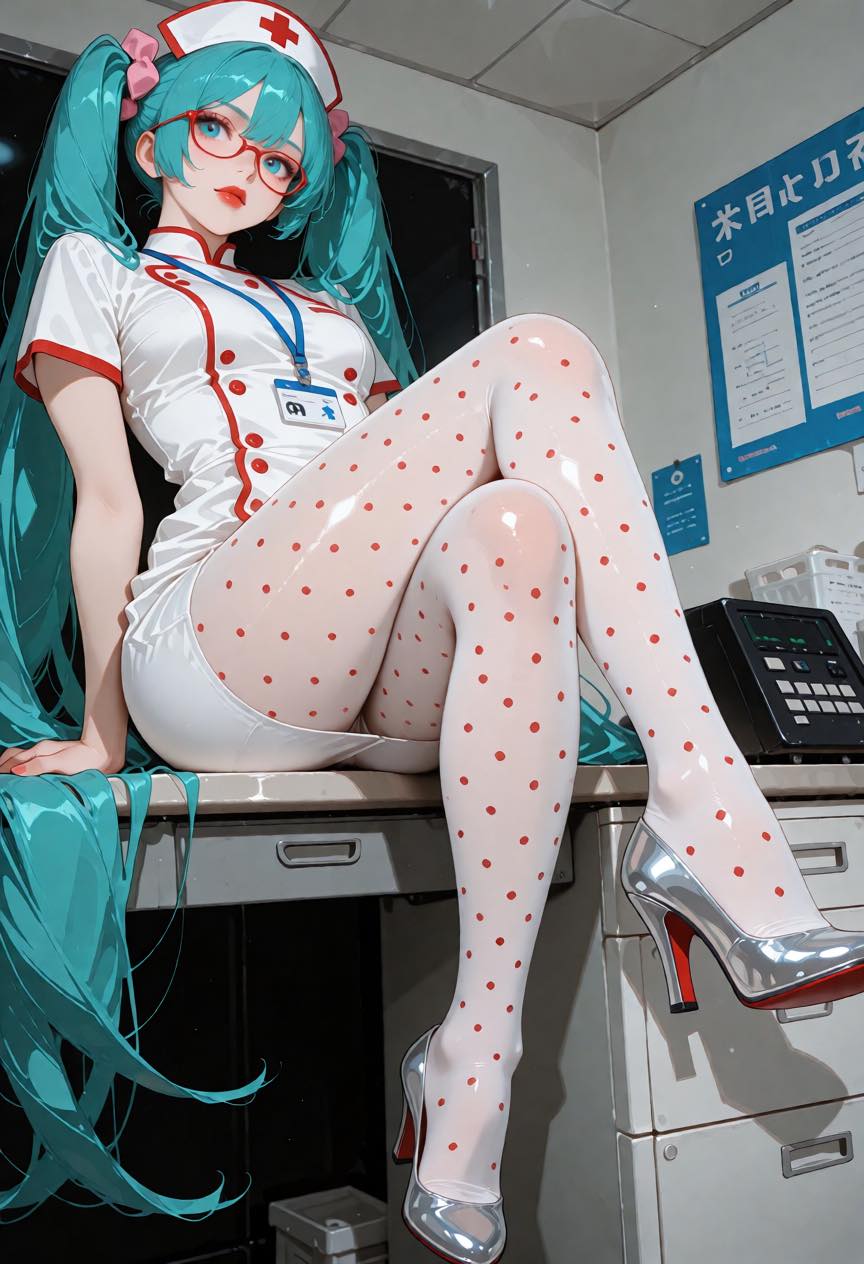 Teal Hair Twin Tail Nurse Anime Girl Clinic | 蓝绿发双马尾眼镜护士诊室坐姿插画 2 Nanobanana Pro 生成 蓝绿发双马尾眼镜护士诊室坐姿插画 - AI绘画提示词