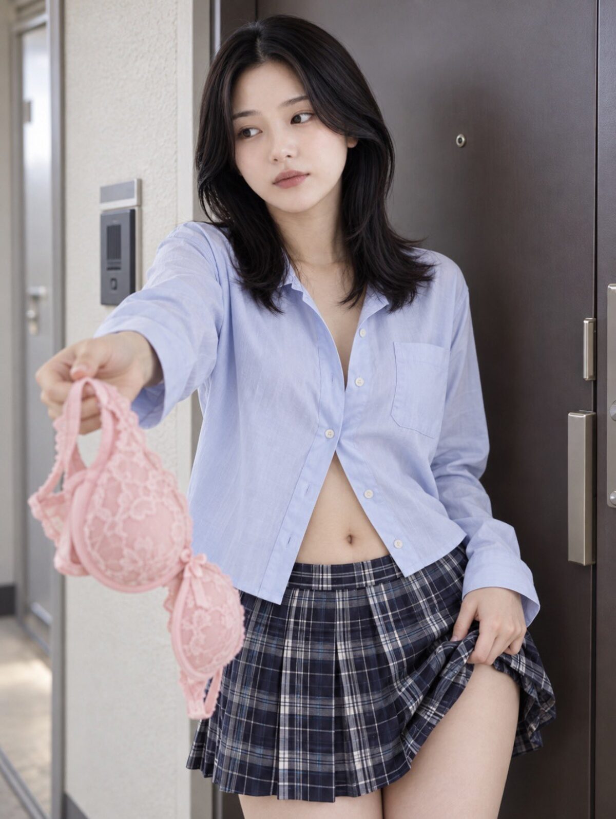Nanobanana Pro 生成 玄关前递出PeachJohn的浅蓝衬衫少女 - AI绘画提示词