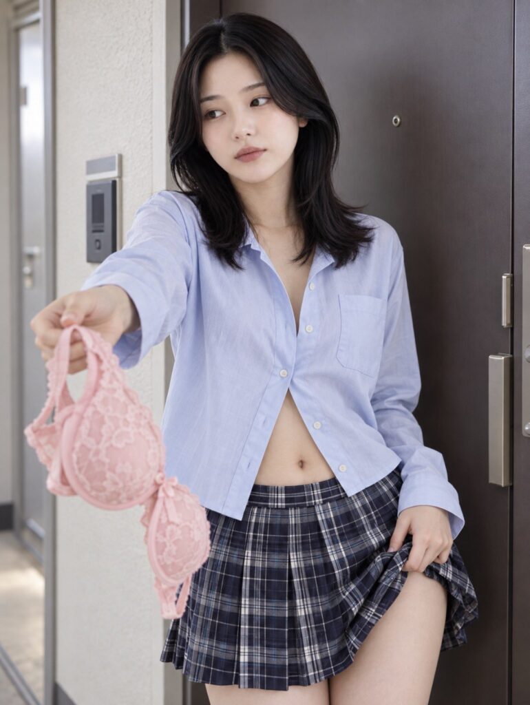 Nanobanana Pro 生成 玄关前递出PeachJohn的浅蓝衬衫少女 - AI绘画提示词