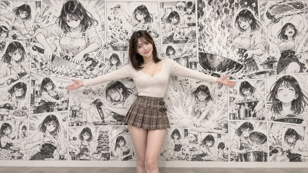 Nanobanana Pro 生成 日本女性与背景烹饪漫画墙 - AI绘画提示词