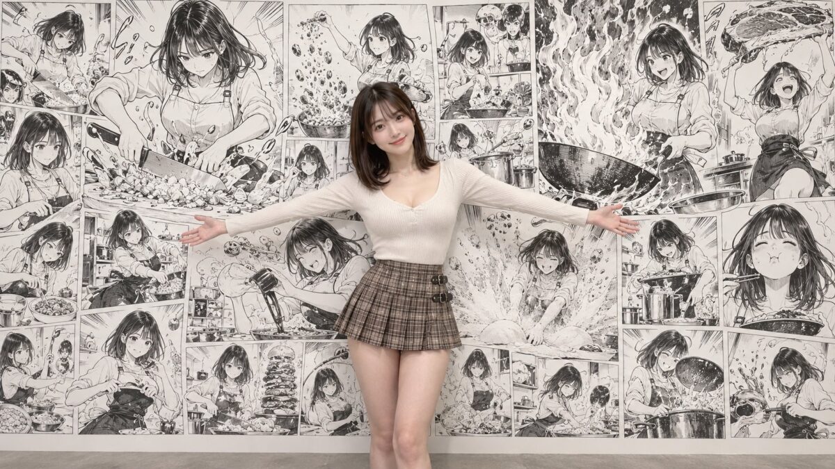 Nanobanana Pro 生成 日本女性与背景烹饪漫画墙 - AI绘画提示词