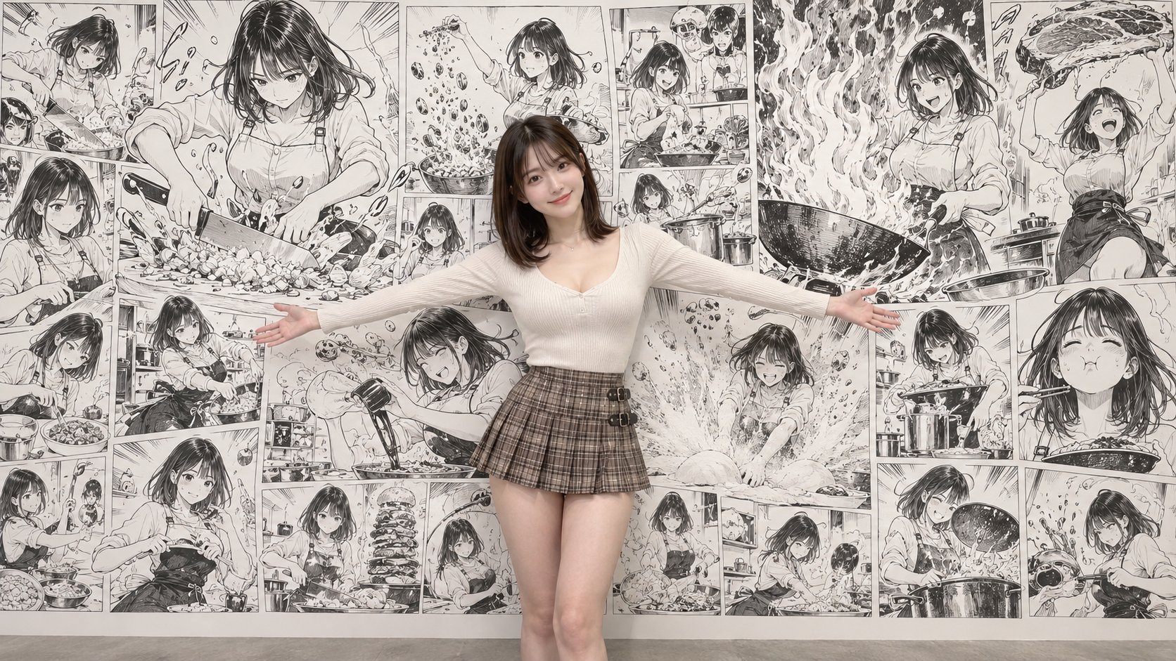 Nanobanana Pro 生成 日本女性与背景烹饪漫画墙 - AI绘画提示词