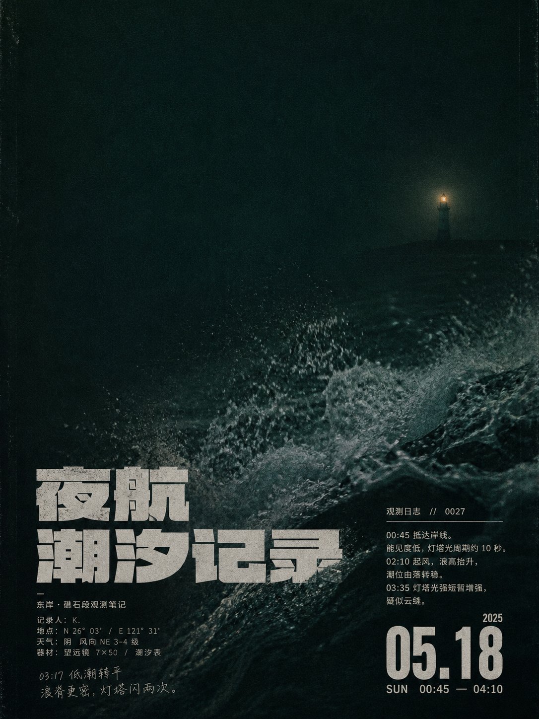 Late Night Coast Observation Poster Design | 凌晨海岸观测记录海报视觉风格 2 Nanobanana Pro 生成 凌晨海岸观测记录海报视觉风格 - AI绘画提示词