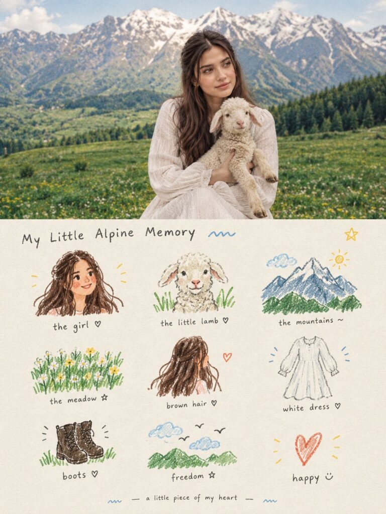 Nostalgic Alpine Scrapbook Travel Poster | 怀旧剪贴画风格阿尔卑斯少女与小羊海报 4 Nanobanana Pro 生成 怀旧剪贴画风格阿尔卑斯少女与小羊海报 - AI绘画提示词