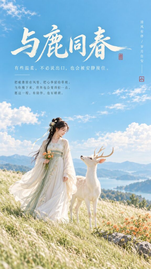 Oriental Zen Minimalist Healing White Deer Woman | 东方禅意简约治愈白鹿女子封面 3 Nanobanana Pro 生成 东方禅意简约治愈白鹿女子封面 - AI绘画提示词