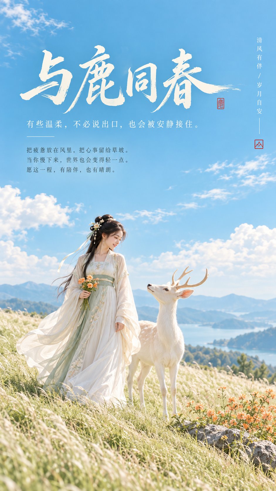Nanobanana Pro 生成 东方禅意简约治愈白鹿女子封面 - AI绘画提示词