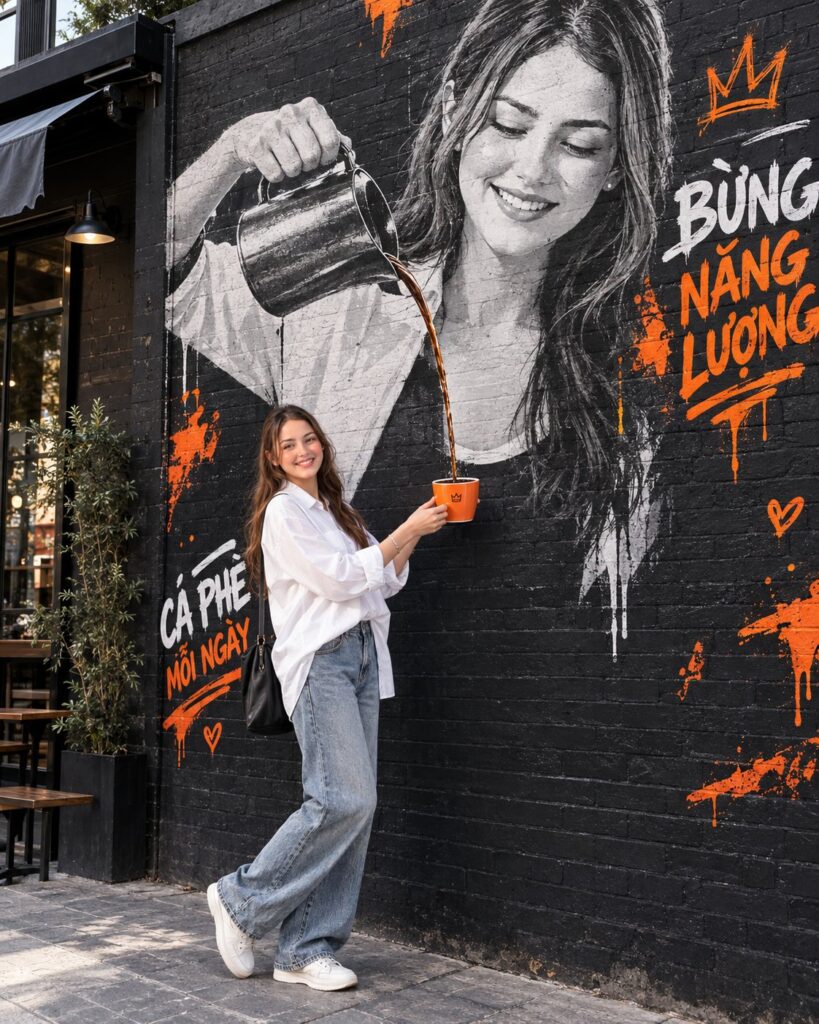 Interactive Mural Coffee Photography Prompt | 真人与巨型涂鸦壁画互动创意街拍 6 Nanobanana Pro 生成 真人与巨型涂鸦壁画互动创意街拍 - AI绘画提示词