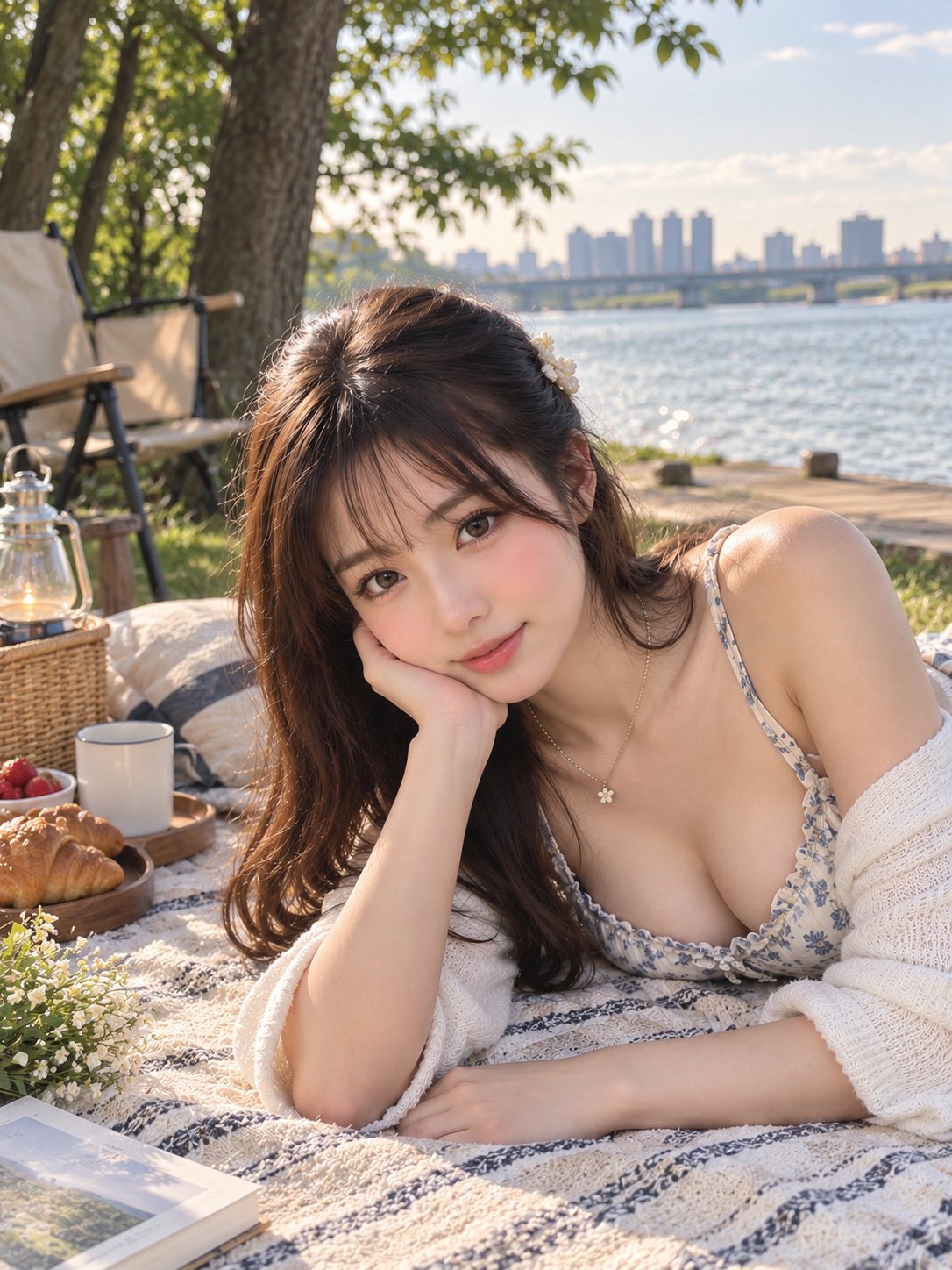 Nanobanana Pro 生成 河边早餐与托腮女性特写写真 - AI绘画提示词