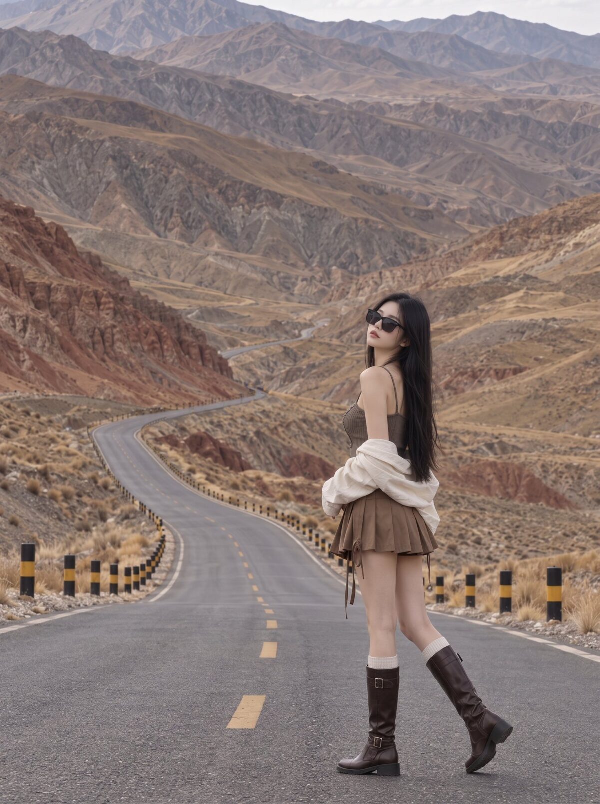 Nanobanana Pro 生成 荒山公路东亚女性户外旅行摄影 - AI绘画提示词
