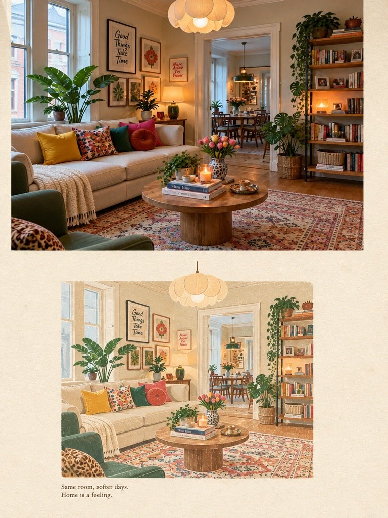 Cozy Home Interior Photorealistic To Watercolor Transformation | 温馨居家室内写实转水彩艺术插画 6 Nanobanana Pro 生成 温馨居家室内写实转水彩艺术插画 - AI绘画提示词