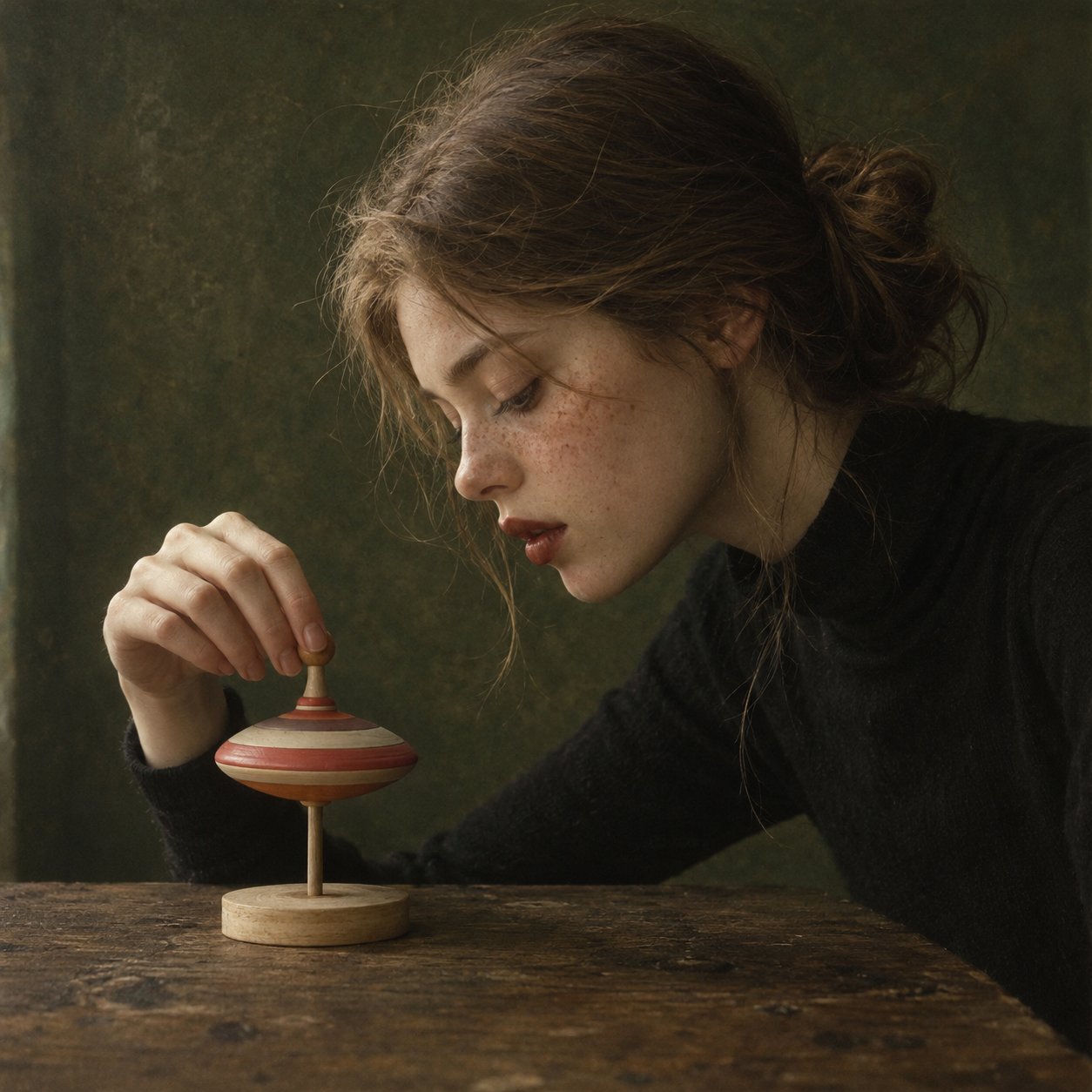 Quiet Painterly Conceptual Portrait Woman Spinning Top | 极简油画感女子与木陀螺概念肖像 2 Nanobanana Pro 生成 极简油画感女子与木陀螺概念肖像 - AI绘画提示词