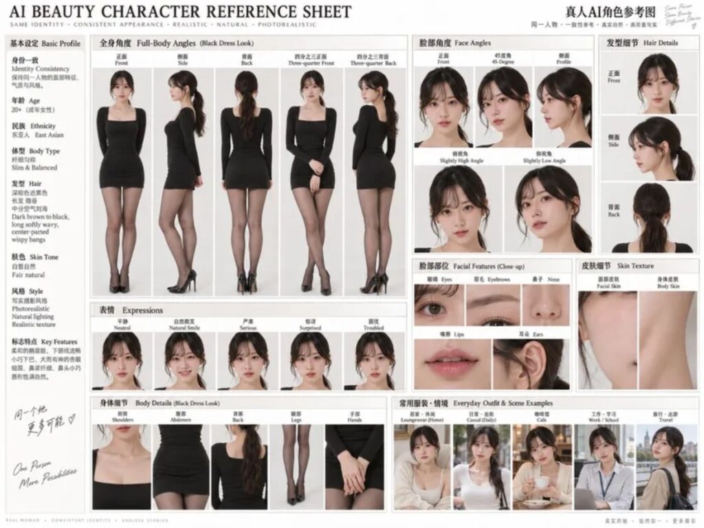 Nanobanana Pro 生成 专业级AI美女角色固定参考表 - AI绘画提示词