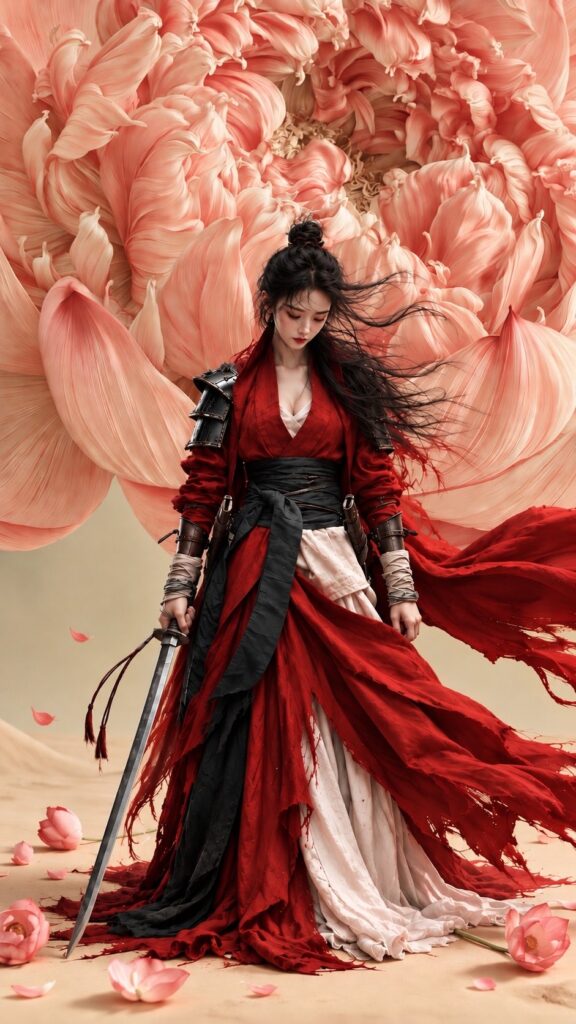 Melancholic Chinese Female Warrior Peony Portrait | 牡丹树下忧郁中国女战士电影感人像 5 Nanobanana Pro 生成 牡丹树下忧郁中国女战士电影感人像 - AI绘画提示词