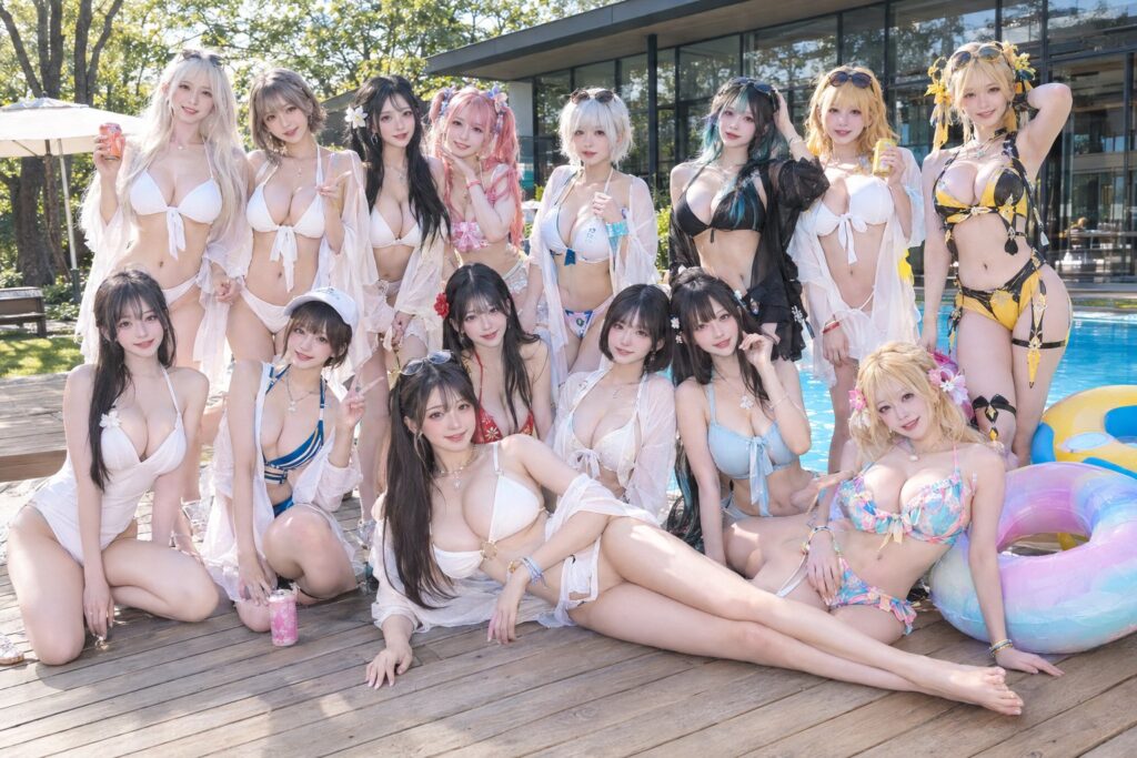 Nanobanana Pro 生成 户外泳池夏日时尚Cosplay团体大合照 - AI绘画提示词