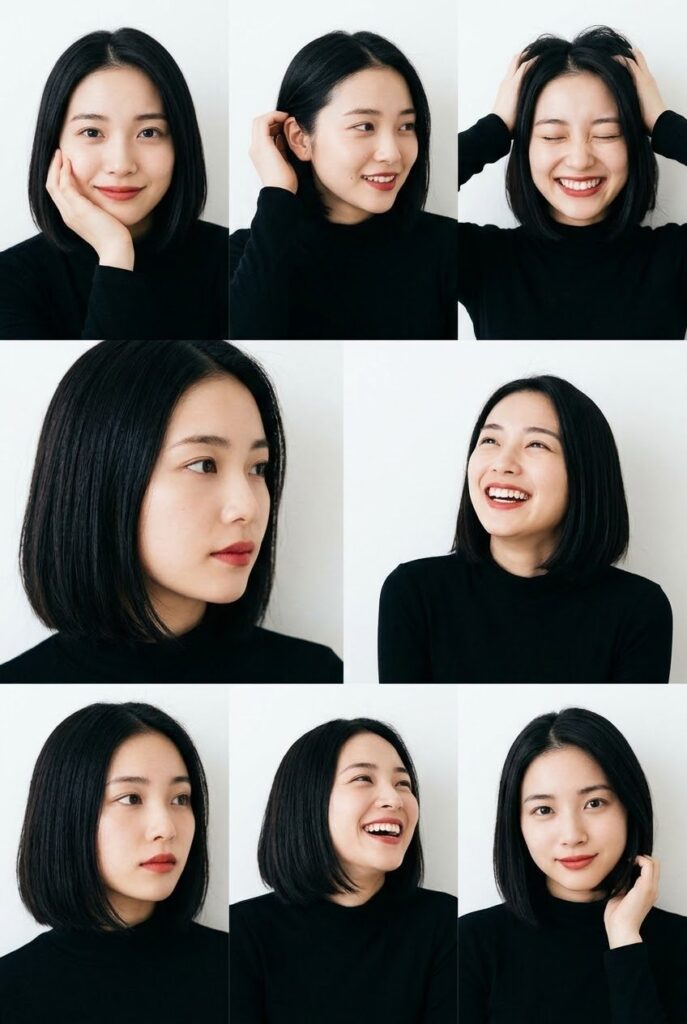 East Asian Woman Minimalist Portrait Grid Bob Haircut | 极简时尚东亚女性多角度人像网格拼图 5 Nanobanana Pro 生成 极简时尚东亚女性多角度人像网格拼图 - AI绘画提示词